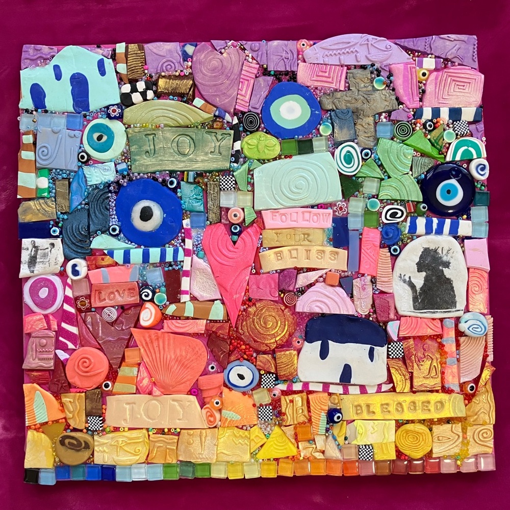 Handmade Clay Mosaic Art “Follow Your Bliss” Polymer Clay Original /on Wood 12”